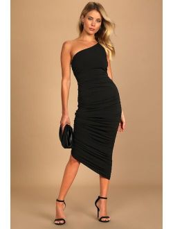 Total Appeal Black Ruched One-Shoulder Bodycon Midi Dress