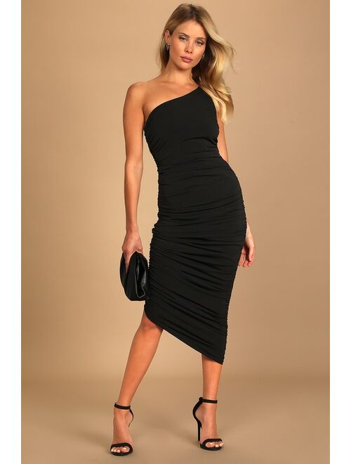 Lulus Total Appeal Black Ruched One-Shoulder Bodycon Midi Dress