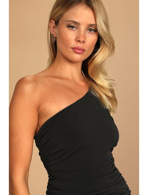 Lulus Total Appeal Black Ruched One-Shoulder Bodycon Midi Dress