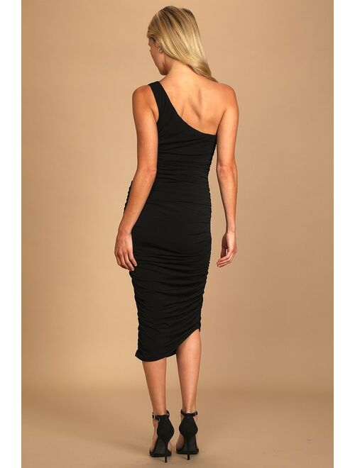 Lulus Total Appeal Black Ruched One-Shoulder Bodycon Midi Dress