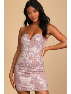 Cue the Cocktails Mauve Floral Jacquard Strapless Bodycon Dress