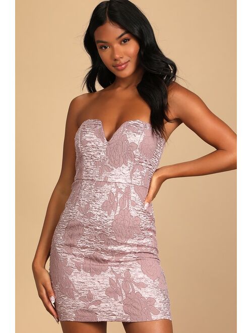 Lulus Cue the Cocktails Mauve Floral Jacquard Strapless Bodycon Dress