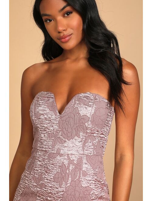 Lulus Cue the Cocktails Mauve Floral Jacquard Strapless Bodycon Dress