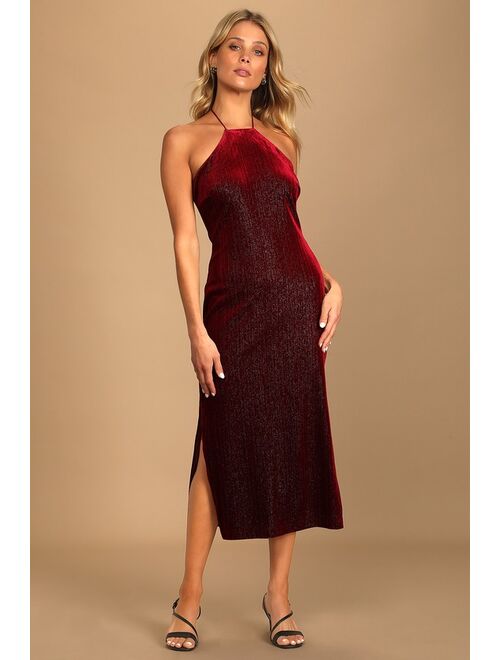 Lulus Enticing Entrance Sparkly Burgundy Velvet Halter Midi Dress