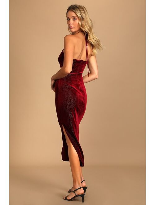 Lulus Enticing Entrance Sparkly Burgundy Velvet Halter Midi Dress