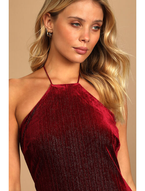 Lulus Enticing Entrance Sparkly Burgundy Velvet Halter Midi Dress