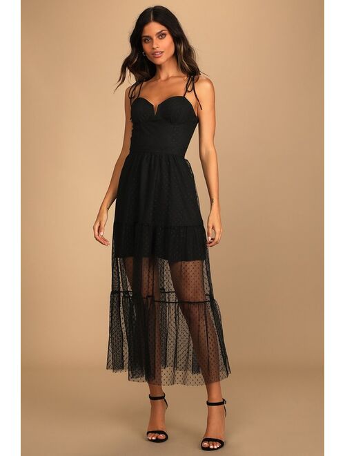 Lulus Romantic Spot Black Polka Dot Mesh Tiered Midi Dress