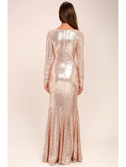 Lulus Capture the Moon Rose Gold Long Sleeve Sequin Maxi Dress