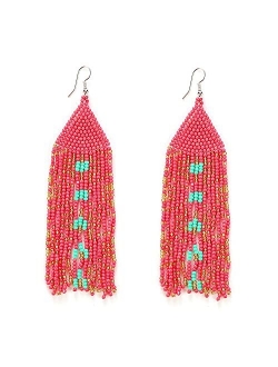 Luluping Long Beaded Tassel Earrings – Big Boho Native Handmade Bead Dangle Earrings for Women, Bohemian Large Statement Beaded Drop Fringe Earrings