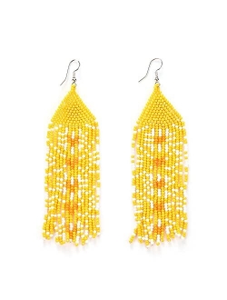 Luluping Long Beaded Tassel Earrings – Big Boho Native Handmade Bead Dangle Earrings for Women, Bohemian Large Statement Beaded Drop Fringe Earrings