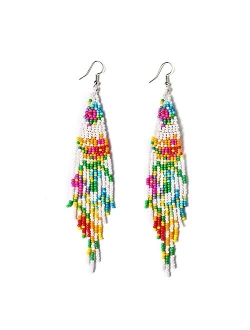 Luluping Long Beaded Tassel Earrings – Big Boho Native Handmade Bead Dangle Earrings for Women, Bohemian Large Statement Beaded Drop Fringe Earrings