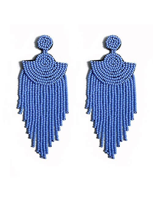 Luluping Long Beaded Tassel Earrings – Big Boho Native Handmade Bead Dangle Earrings for Women, Bohemian Large Statement Beaded Drop Fringe Earrings