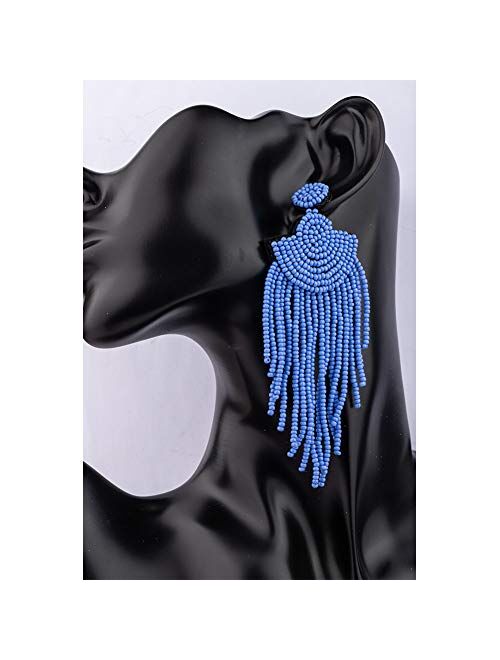 Luluping Long Beaded Tassel Earrings – Big Boho Native Handmade Bead Dangle Earrings for Women, Bohemian Large Statement Beaded Drop Fringe Earrings