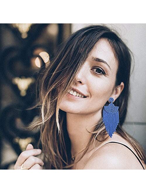 Luluping Long Beaded Tassel Earrings – Big Boho Native Handmade Bead Dangle Earrings for Women, Bohemian Large Statement Beaded Drop Fringe Earrings