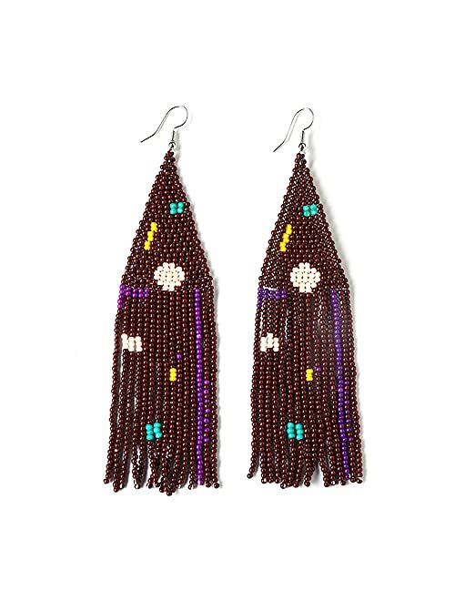 Luluping Long Beaded Tassel Earrings – Big Boho Native Handmade Bead Dangle Earrings for Women, Bohemian Large Statement Beaded Drop Fringe Earrings