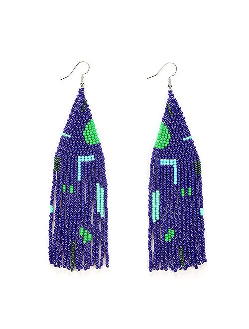 Luluping Long Beaded Tassel Earrings – Big Boho Native Handmade Bead Dangle Earrings for Women, Bohemian Large Statement Beaded Drop Fringe Earrings