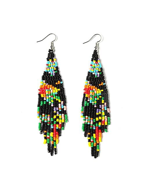 Luluping Long Beaded Tassel Earrings – Big Boho Native Handmade Bead Dangle Earrings for Women, Bohemian Large Statement Beaded Drop Fringe Earrings