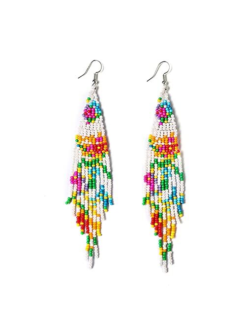 Luluping Long Beaded Tassel Earrings – Big Boho Native Handmade Bead Dangle Earrings for Women, Bohemian Large Statement Beaded Drop Fringe Earrings