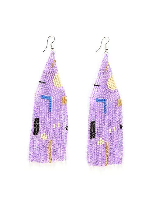 Luluping Long Beaded Tassel Earrings – Big Boho Native Handmade Bead Dangle Earrings for Women, Bohemian Large Statement Beaded Drop Fringe Earrings