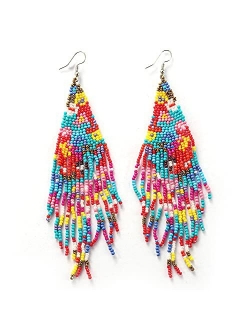 Luluping Long Beaded Tassel Earrings - Big Bohemian Statement Native Beaded Fringe Dangle Earrings for Women, Large Boho Handmade Bead Chandelier Drop Earrings