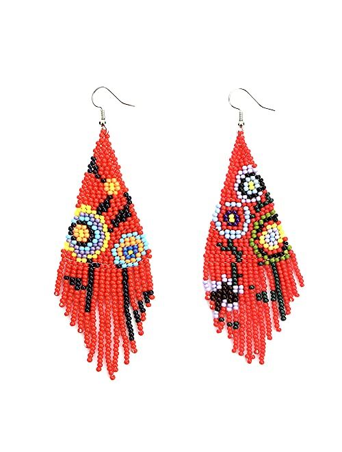 Luluping Long Beaded Tassel Earrings - Big Bohemian Statement Native Beaded Fringe Dangle Earrings for Women, Large Boho Handmade Bead Chandelier Drop Earrings