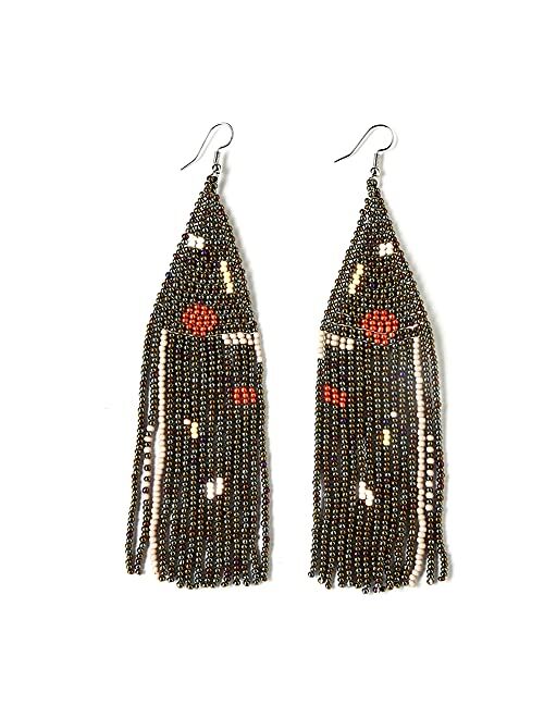 Luluping Long Beaded Tassel Earrings - Big Bohemian Statement Native Beaded Fringe Dangle Earrings for Women, Large Boho Handmade Bead Chandelier Drop Earrings