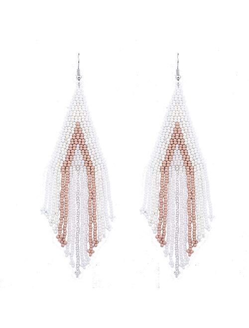 Luluping Long Beaded Tassel Earrings - Big Bohemian Statement Native Beaded Fringe Dangle Earrings for Women, Large Boho Handmade Bead Chandelier Drop Earrings