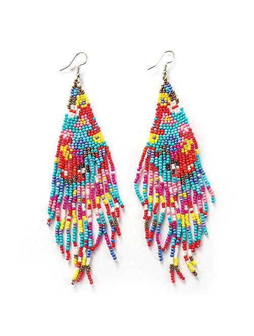 Luluping Long Beaded Tassel Earrings - Big Bohemian Statement Native Beaded Fringe Dangle Earrings for Women, Large Boho Handmade Bead Chandelier Drop Earrings