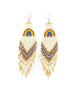 Long Beaded Tassel Earrings - Big Boho Statement Native Beaded Tassel Dangle Earrings for Women Girls, Large Bohemian Handmade Seed Bead Fringe Earrings