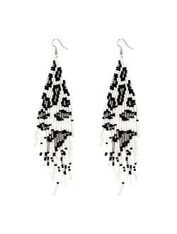 Long Beaded Tassel Earrings - Big Boho Statement Native Beaded Tassel Dangle Earrings for Women Girls, Large Bohemian Handmade Seed Bead Fringe Earrings