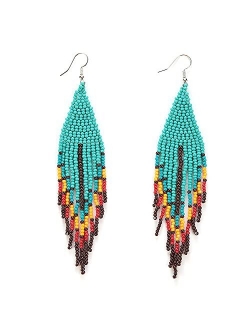 Long Beaded Tassel Earrings - Big Boho Statement Native Beaded Tassel Dangle Earrings for Women Girls, Large Bohemian Handmade Seed Bead Fringe Earrings