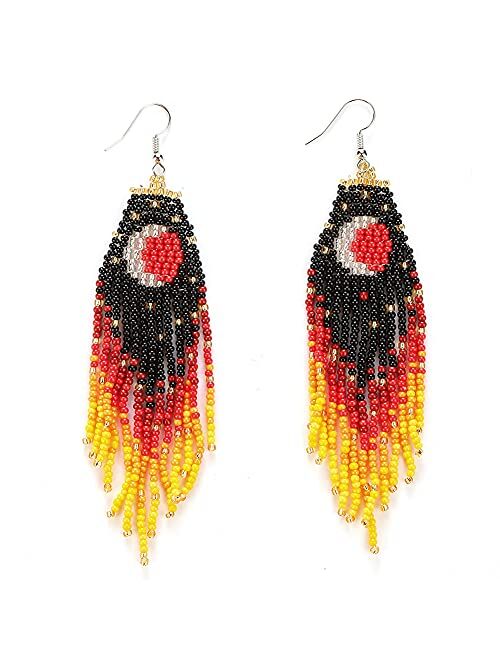 Long Beaded Tassel Earrings - Big Boho Statement Native Beaded Tassel Dangle Earrings for Women Girls, Large Bohemian Handmade Seed Bead Fringe Earrings