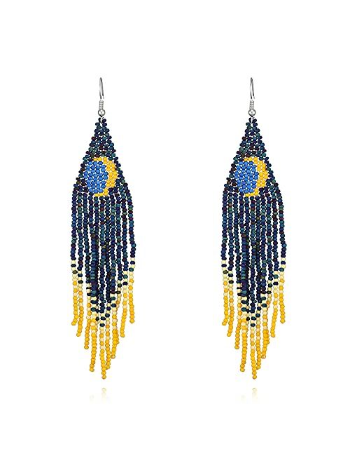 Long Beaded Tassel Earrings - Big Boho Statement Native Beaded Tassel Dangle Earrings for Women Girls, Large Bohemian Handmade Seed Bead Fringe Earrings