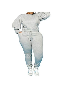 Women's Solid Plus Size Sweatsuit Set 2 Piece Long Sleeve Pullover and Drawstring Sweatpants Sport Outfits Sets