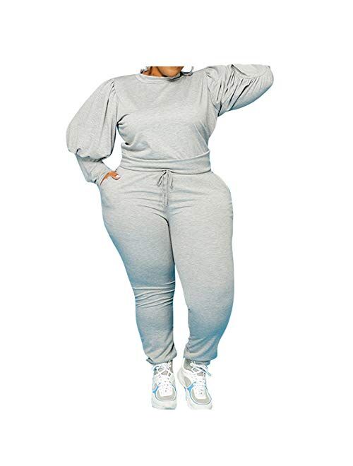 Women's Solid Plus Size Sweatsuit Set 2 Piece Long Sleeve Pullover and Drawstring Sweatpants Sport Outfits Sets