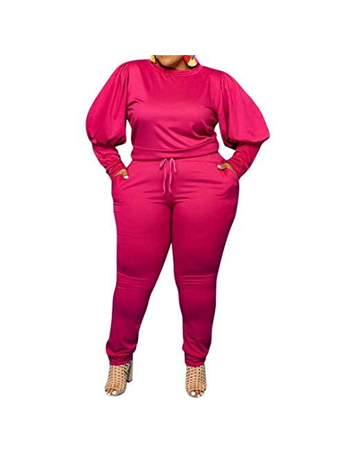 Women's Solid Plus Size Sweatsuit Set 2 Piece Long Sleeve Pullover and Drawstring Sweatpants Sport Outfits Sets