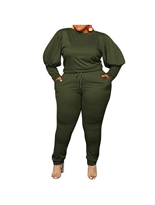 Women's Solid Plus Size Sweatsuit Set 2 Piece Long Sleeve Pullover and Drawstring Sweatpants Sport Outfits Sets