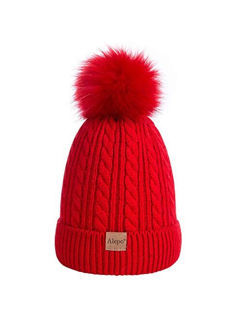 Alepo Kids Winter Beanie Hat, Children's Warm Fleece Lined Knit Thick Ski Cap with Pom Pom for Boys Girls