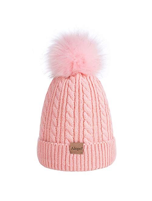 Alepo Kids Winter Beanie Hat, Children's Warm Fleece Lined Knit Thick Ski Cap with Pom Pom for Boys Girls