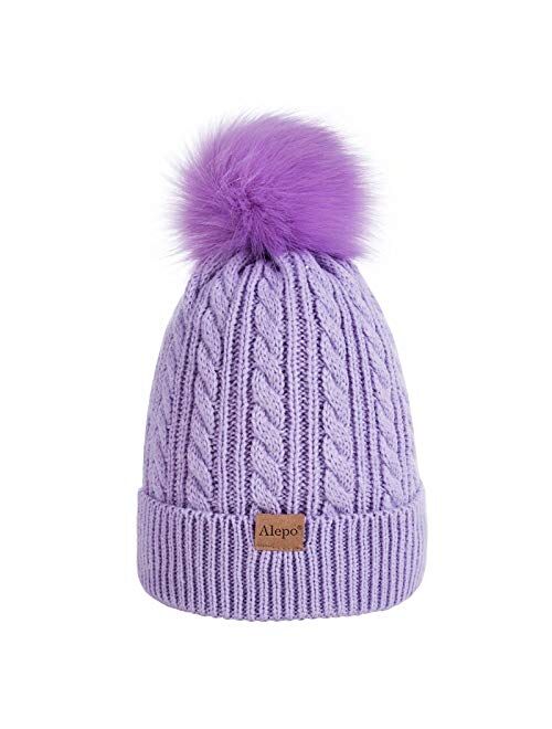 Alepo Kids Winter Beanie Hat, Children's Warm Fleece Lined Knit Thick Ski Cap with Pom Pom for Boys Girls