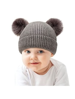 Kds Boys Girls Winter Hat Warm Fleece Lined Knit Kids Hat with Pompom Ears Elastic Knitted Beanie Hats