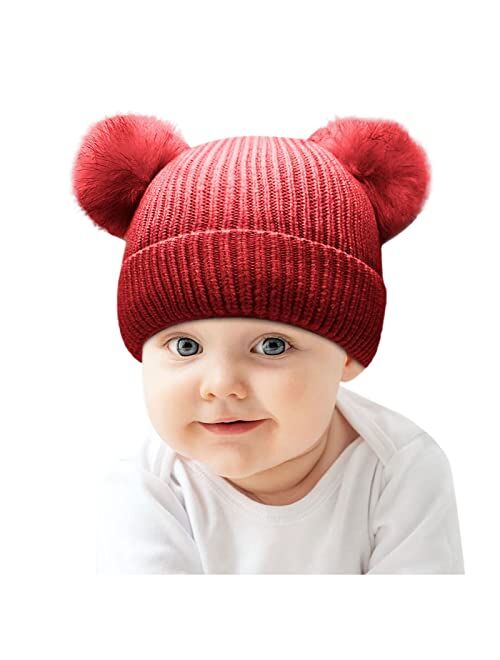 Kds Boys Girls Winter Hat Warm Fleece Lined Knit Kids Hat with Pompom Ears Elastic Knitted Beanie Hats