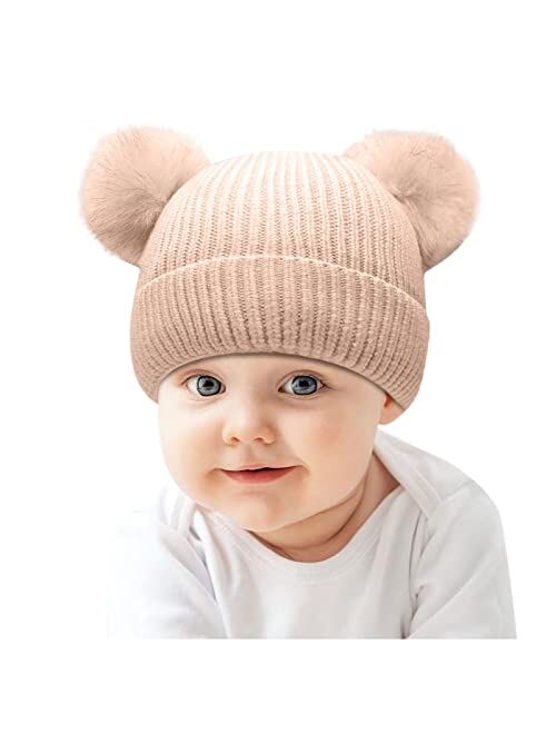 Kds Boys Girls Winter Hat Warm Fleece Lined Knit Kids Hat with Pompom Ears Elastic Knitted Beanie Hats