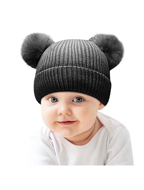 Kds Boys Girls Winter Hat Warm Fleece Lined Knit Kids Hat with Pompom Ears Elastic Knitted Beanie Hats