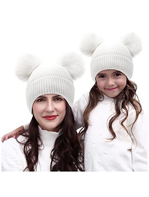 Kds Boys Girls Winter Hat Warm Fleece Lined Knit Kids Hat with Pompom Ears Elastic Knitted Beanie Hats