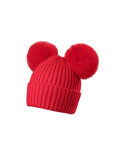 HANGZHOU Infant Toddler Winter Knitted Double Pom Beanie Bobble Hat,Warm Ski Beanie Hat Cap