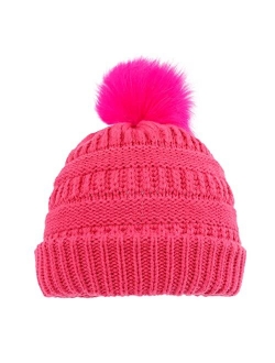 BUTITNOW Kids Girls Boys Multi-Color Ear Double Pom Pom Beanie Hat Winter Warm Rib Knitt Ski Hats (Age 7-12)