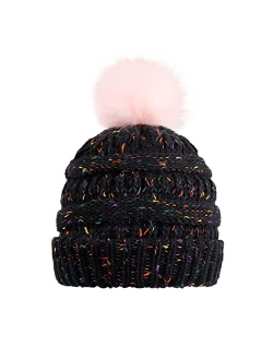 BUTITNOW Kids Girls Boys Multi-Color Ear Double Pom Pom Beanie Hat Winter Warm Rib Knitt Ski Hats (Age 7-12)