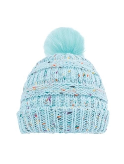 BUTITNOW Kids Girls Boys Multi-Color Ear Double Pom Pom Beanie Hat Winter Warm Rib Knitt Ski Hats (Age 7-12)