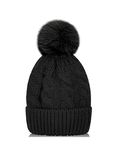 Whiteleopard Kid Beanie Hats Lining Pom Pom for Children -Slouchy Cable Knit Toddler Skull Hat Baby Ski Cap for Girls Boys